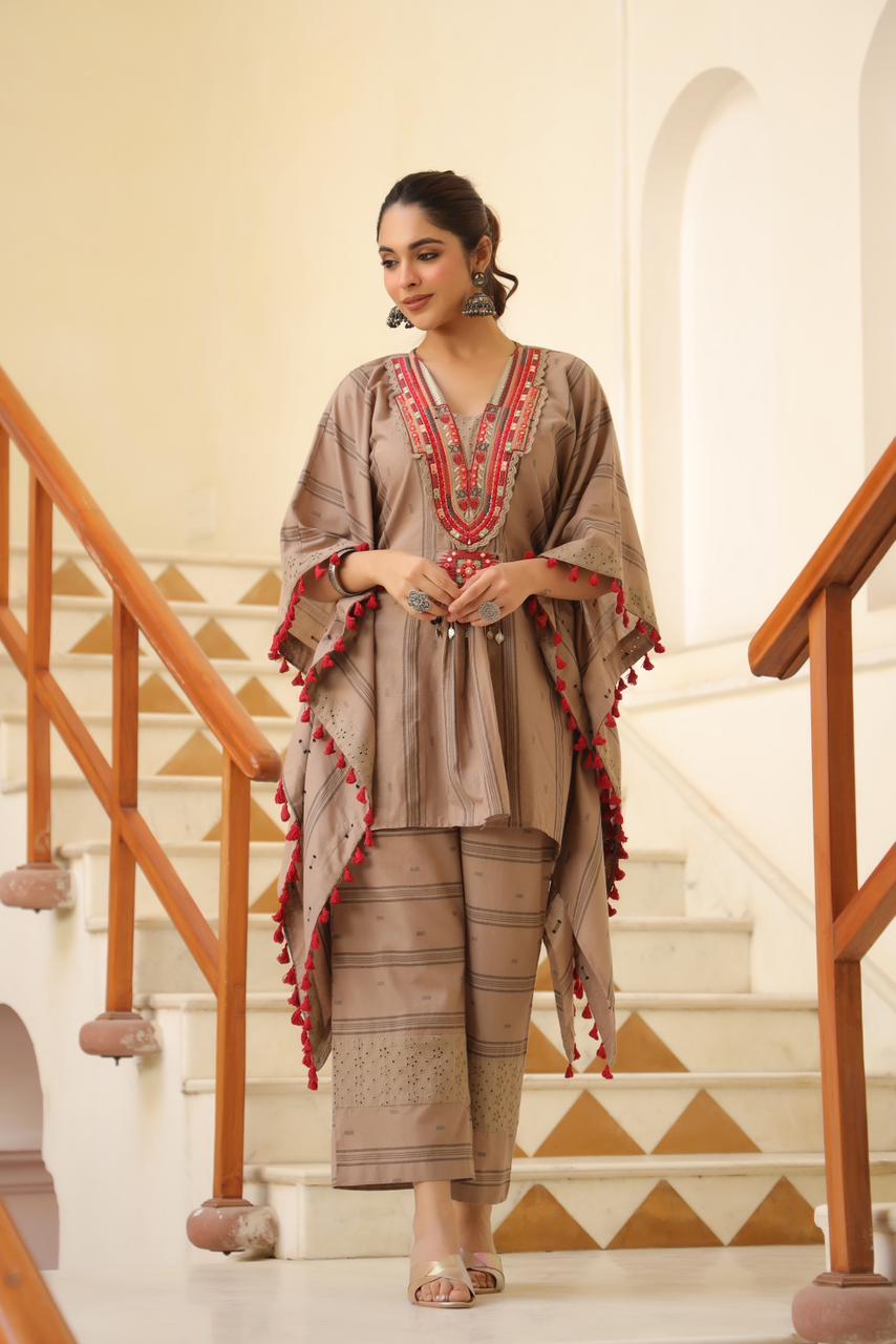 Light brown heavy embroidered kaftan set