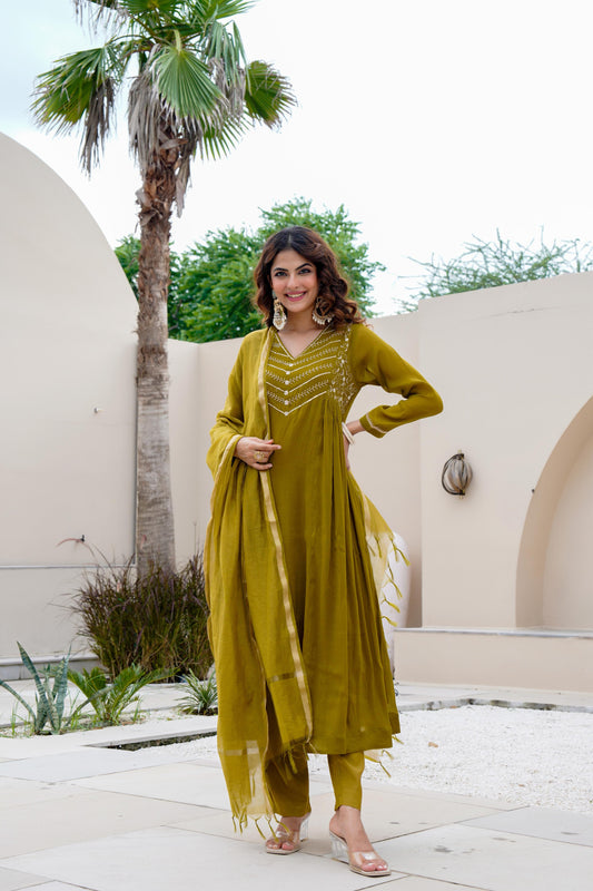 Green pure mul chanderi stunning A line suit
