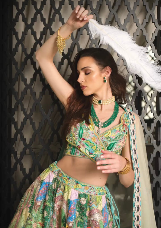 Green Multicolor partywear handwork lehenga