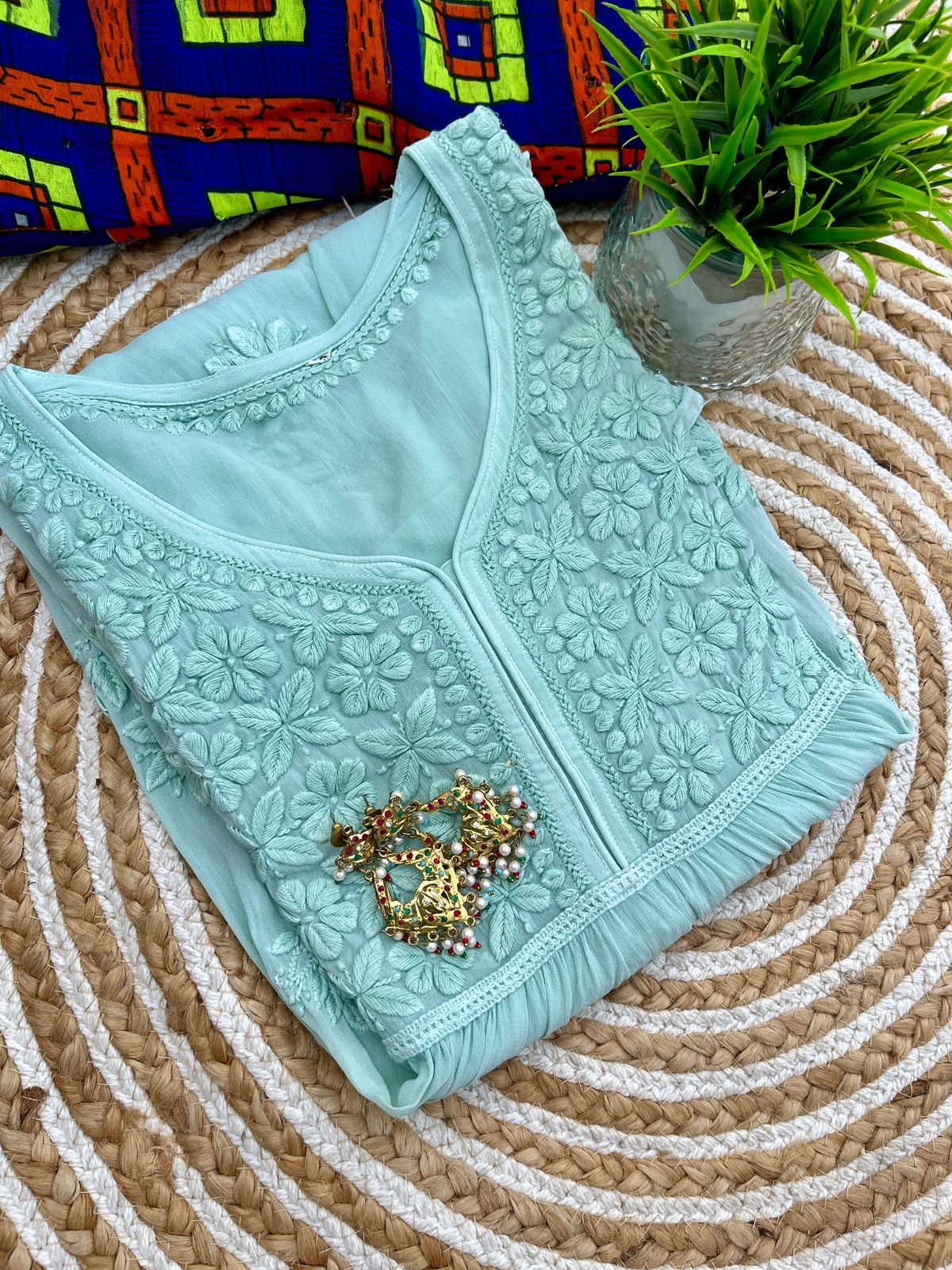Premium viscose Chikankari 3D short anarkali kurt
