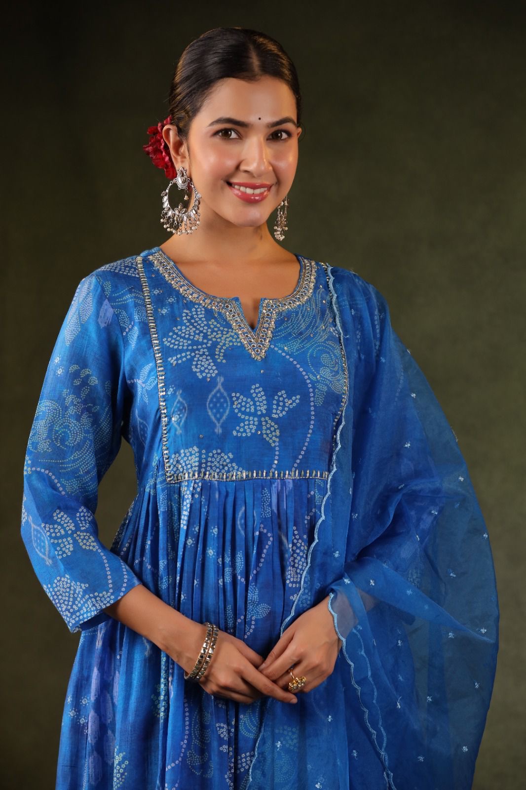 Blue elegant bandhni print handwork pure chinnon suit