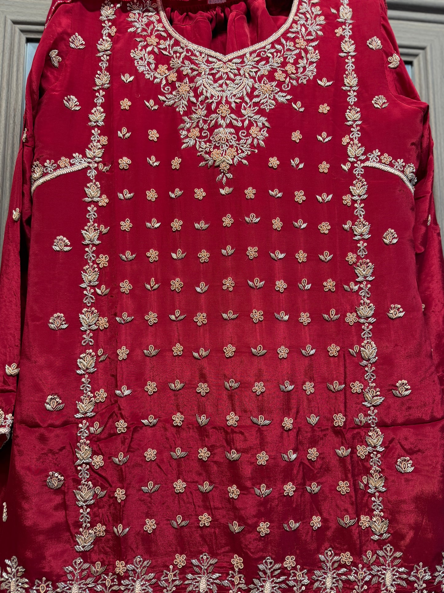 Red heavy handwork pure crepe silk sharara suit