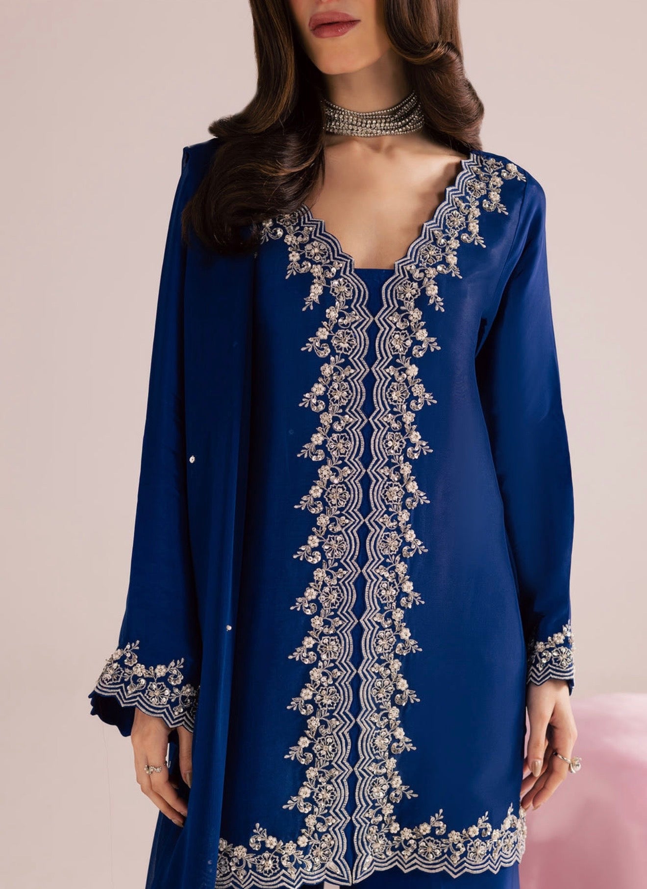 Blue designer handwork short top palazzo set