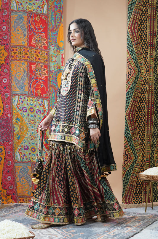 Designer super stylish pure crepe sharara suit