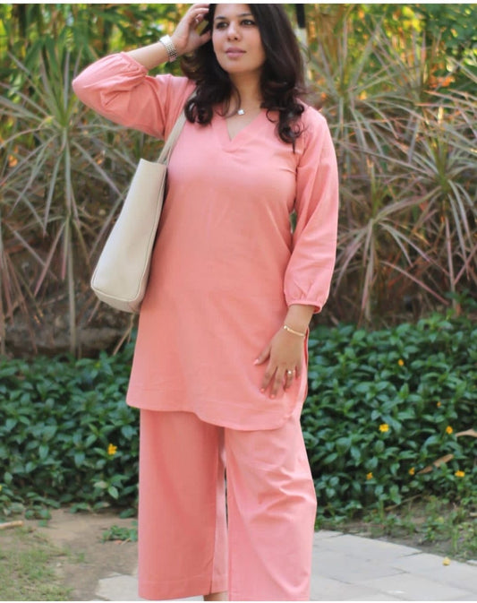 Peach Pure cotton v neck summer co-ord set