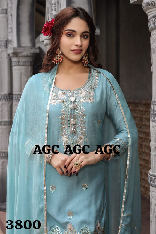 Sky Blue heavy gota and mirror work premium fabric sharara suit