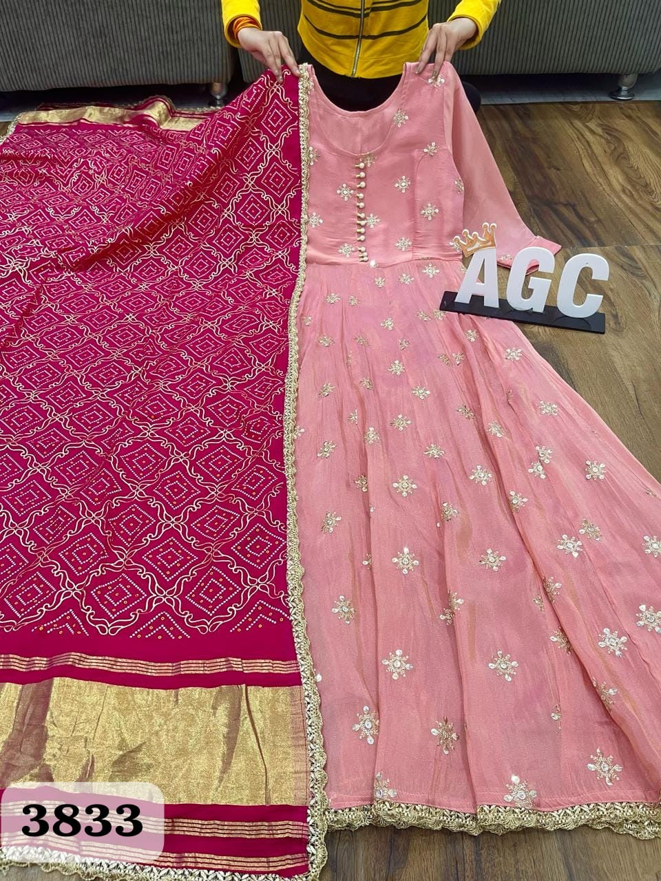 Premium pink jacquard fabric anarkali kurti and dupatta