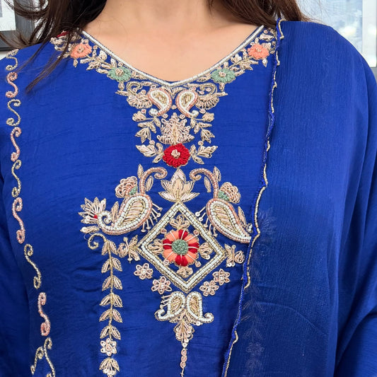 Blue pure silk stunning heavy handwork suit