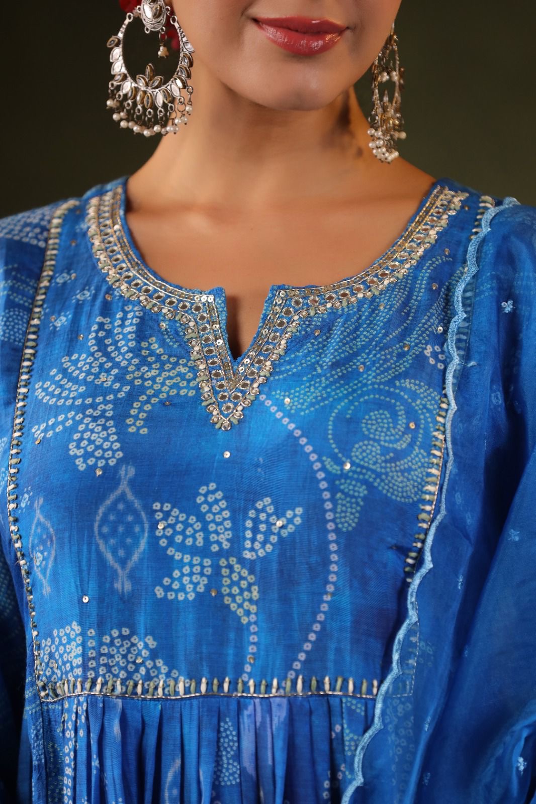 Blue elegant bandhni print handwork pure chinnon suit