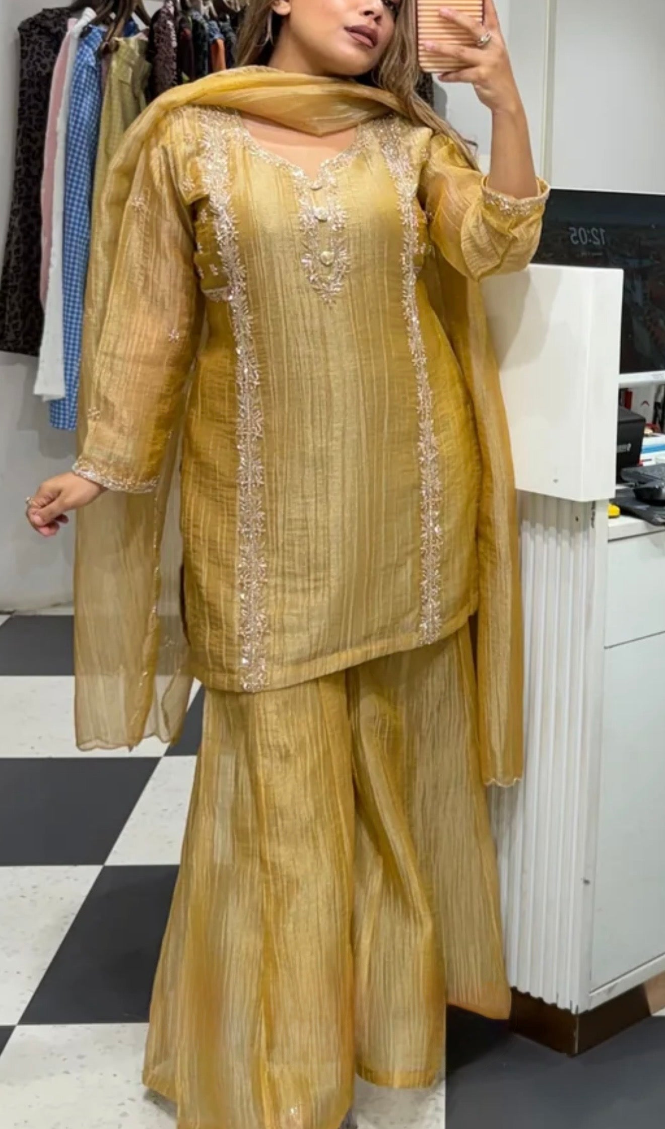 Yellowish gold pure crush tissue sharara suit with handwork