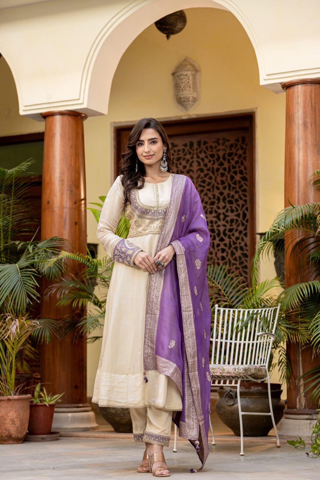 Off white and purple beautiful anarkali kurta set