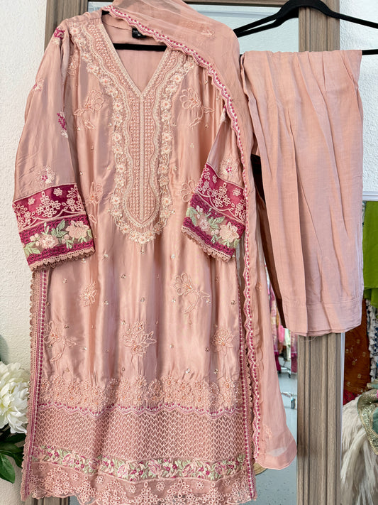 Light pink heavy work pakistani silk suit