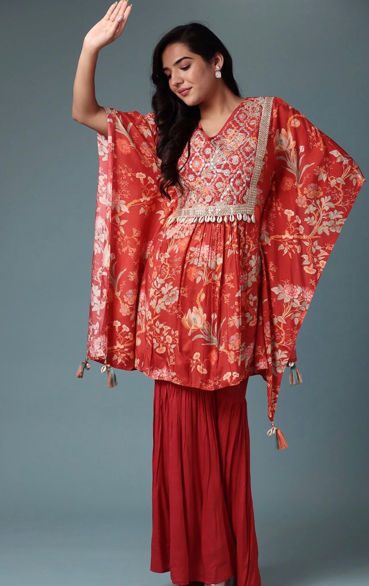 Rust beautiful embroidered yoke kaftan set