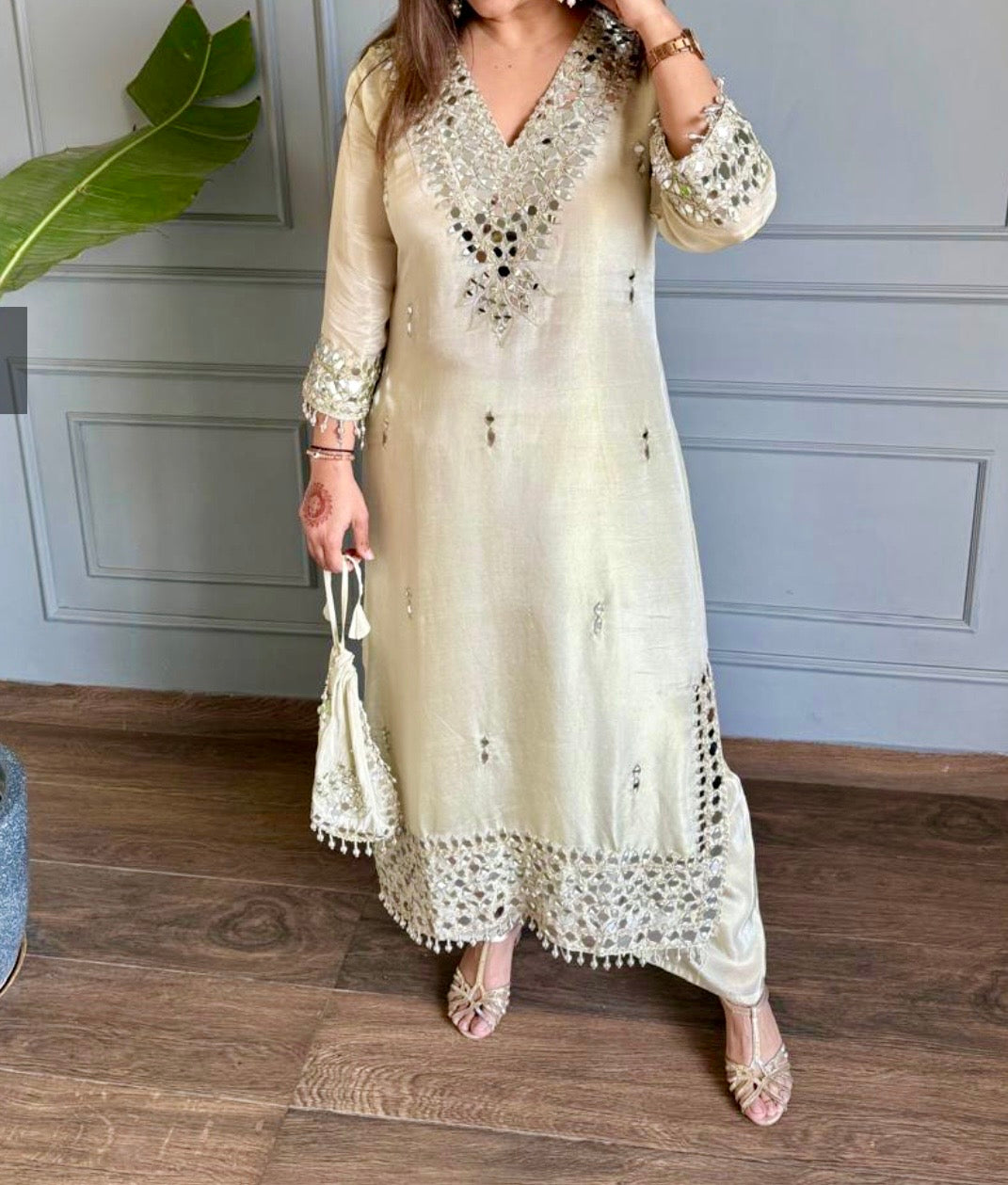 White heavy real mirror work long co-ord set with potli bag