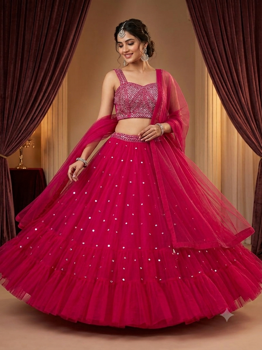 Hot Pink Designer Heavy Mirror bridesmaid lehenga