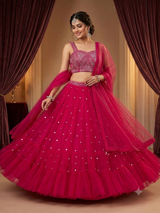 Hot Pink Designer Heavy Mirror bridesmaid lehenga