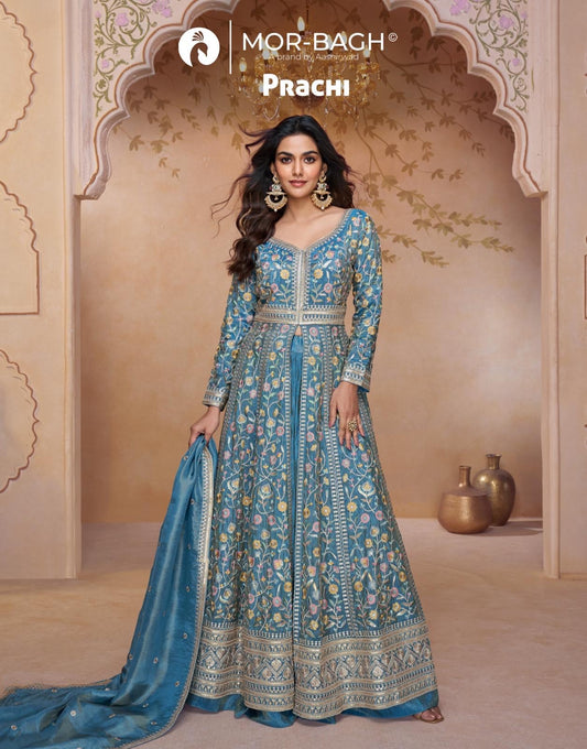 Ice blue heavy embroidered front slit party wedding wear lehenga