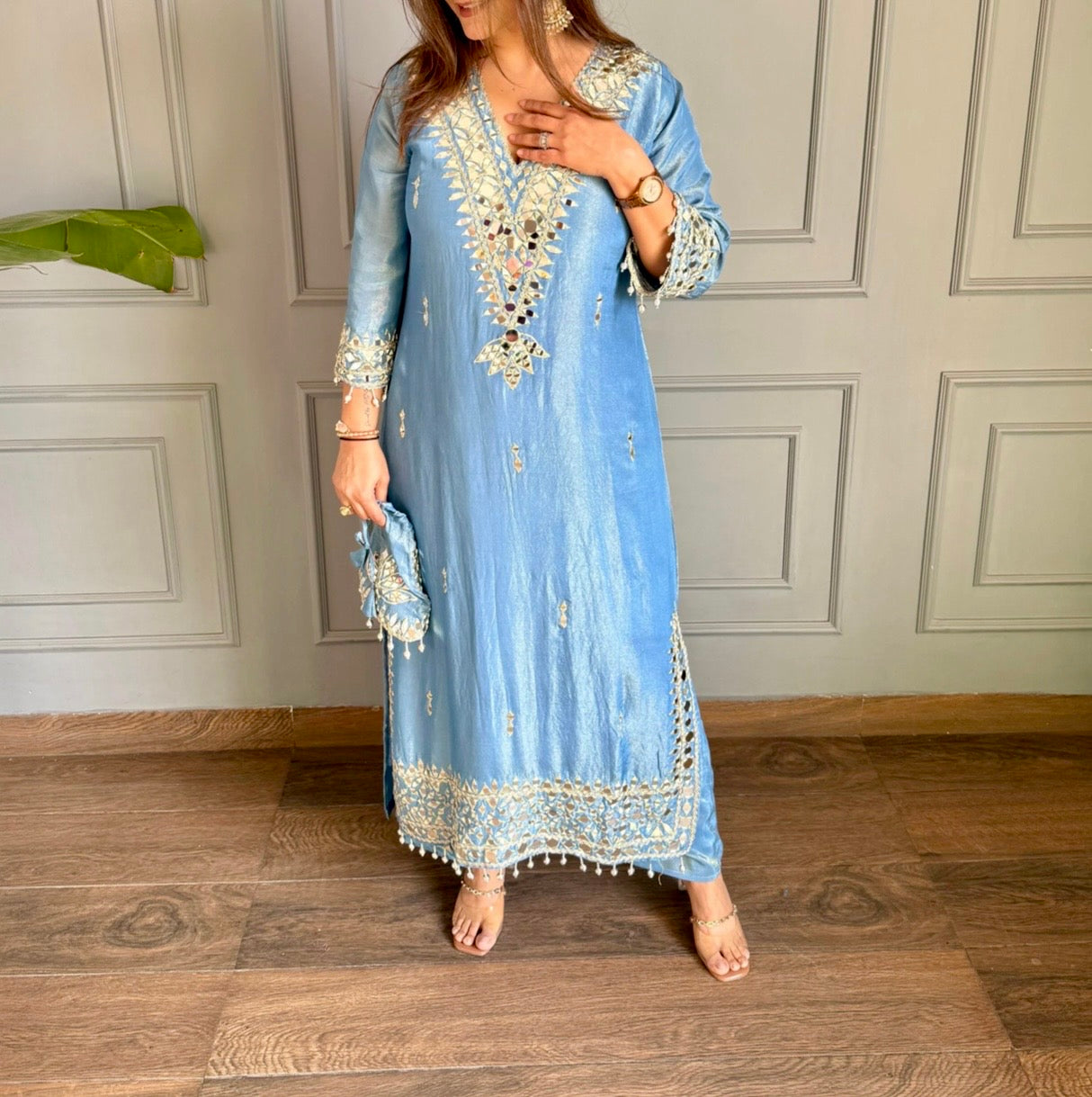 Sky blue heavy real mirror work long co-ord set with potli bag