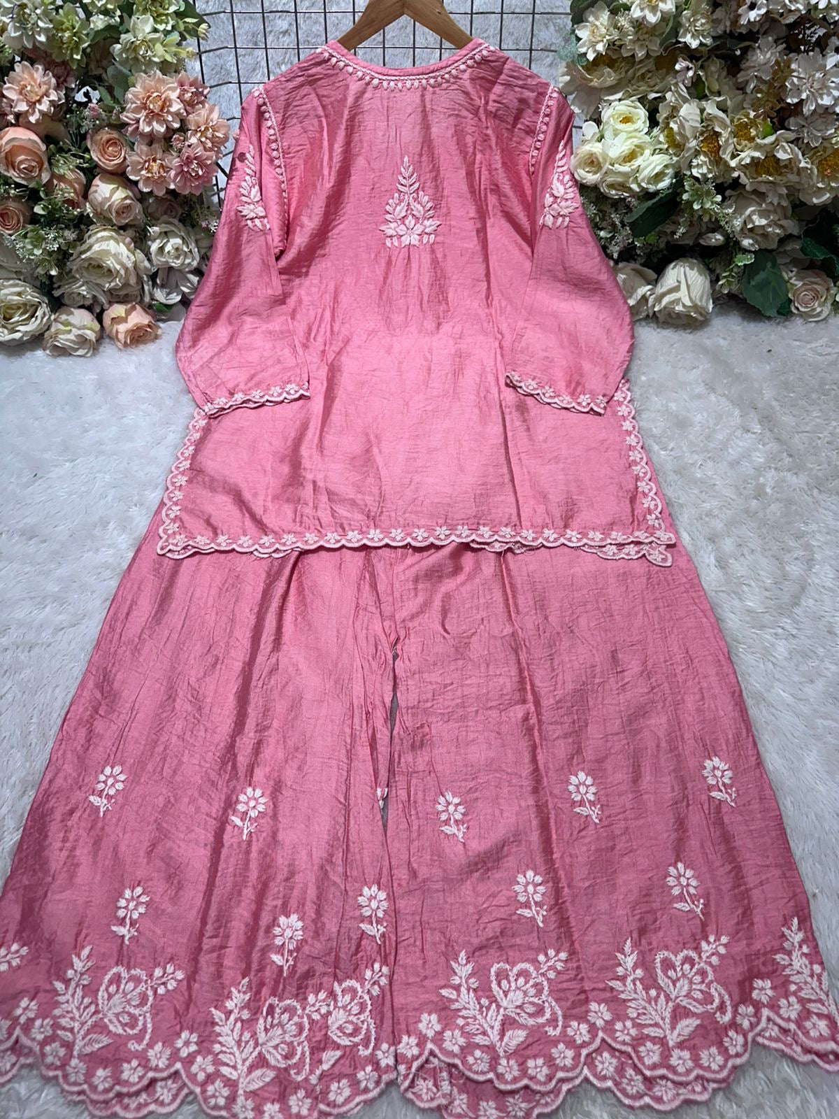 Pink Elegant chikankari premium chanderi short top palazzo set
