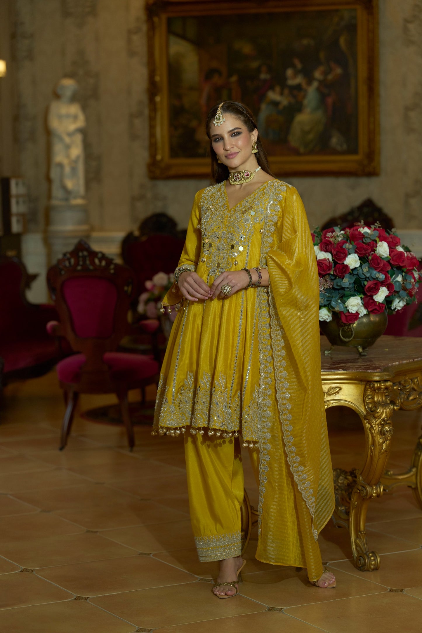 Yellow mirror work short anarkali kurta swt