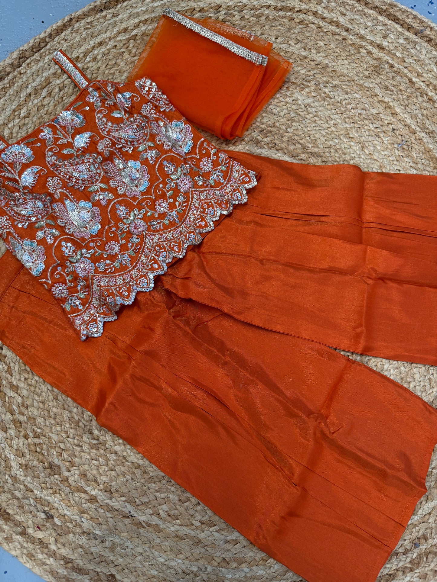 Kids girls burnt orange handwork short top palazzo dupatta