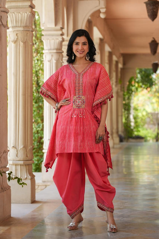 Pink pure cotton embroidered kaftan set