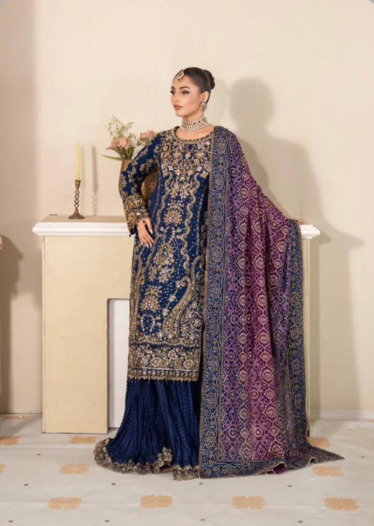 Blue heavy handwork wedding wear sharara suit