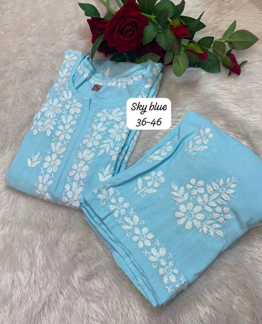 Plus size sky blue modal chikankari kurti and palazzo