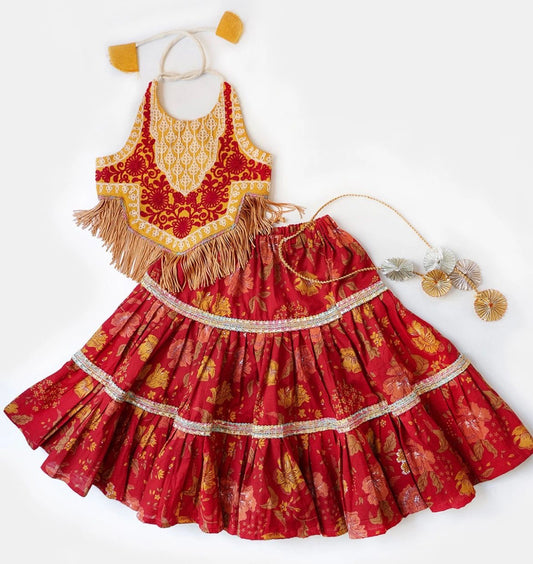 Girls Red Pure cotton heavy embroidered lehenga choli