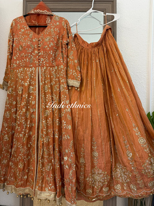 Rust Orange Heavy all over work handwork lehenga skirt dupatta
