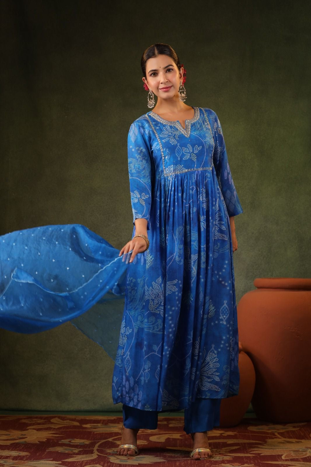 Blue elegant bandhni print handwork pure chinnon suit