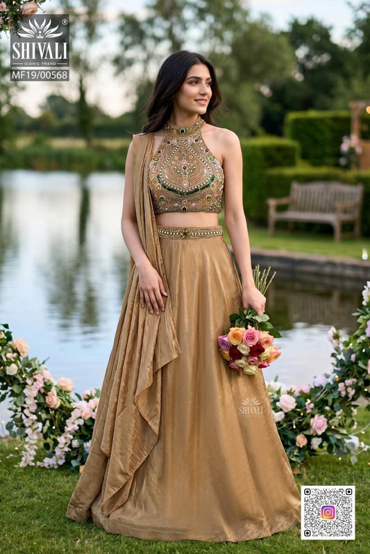 Gold heavy handwork halter neck lehenga