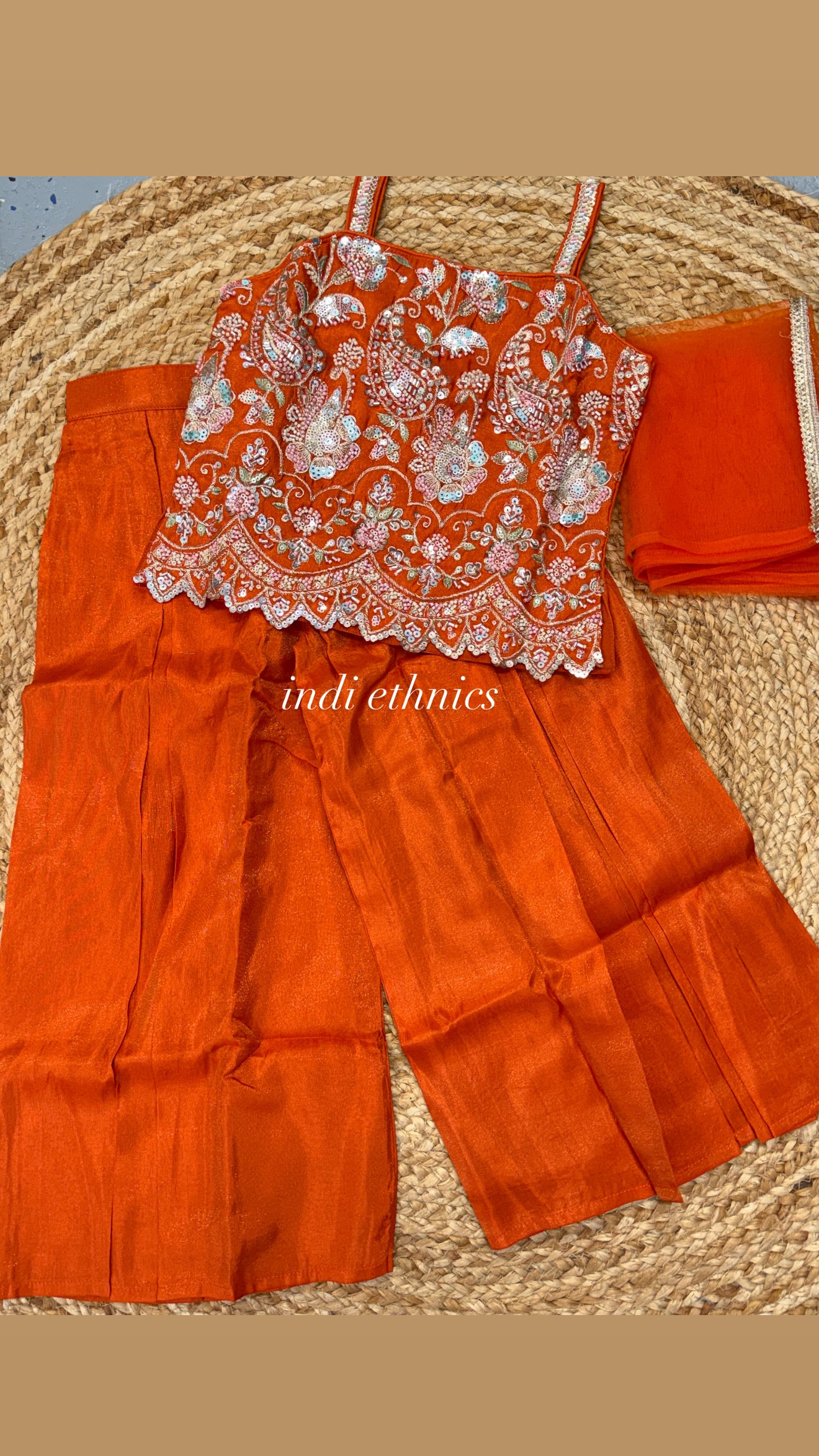 Kids girls burnt orange handwork short top palazzo dupatta