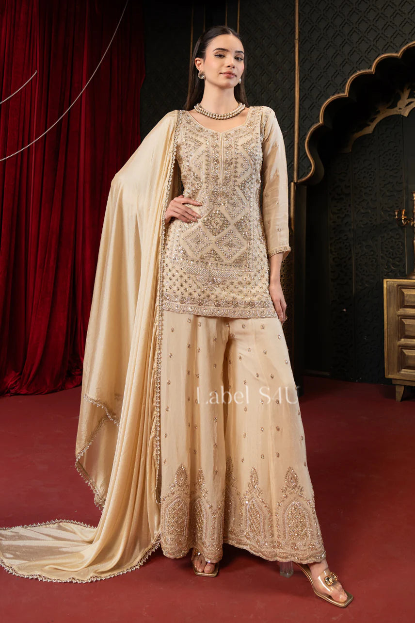 Beige gold heavy handwork palazzo suit