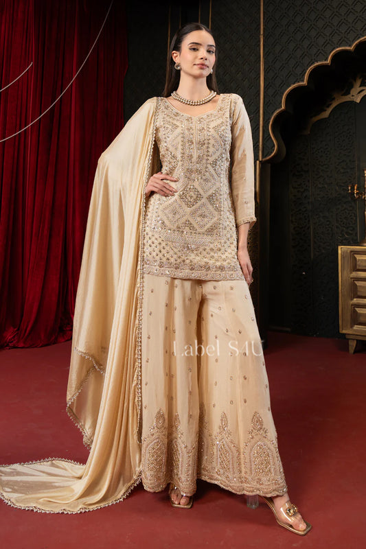 Beige gold heavy handwork palazzo suit