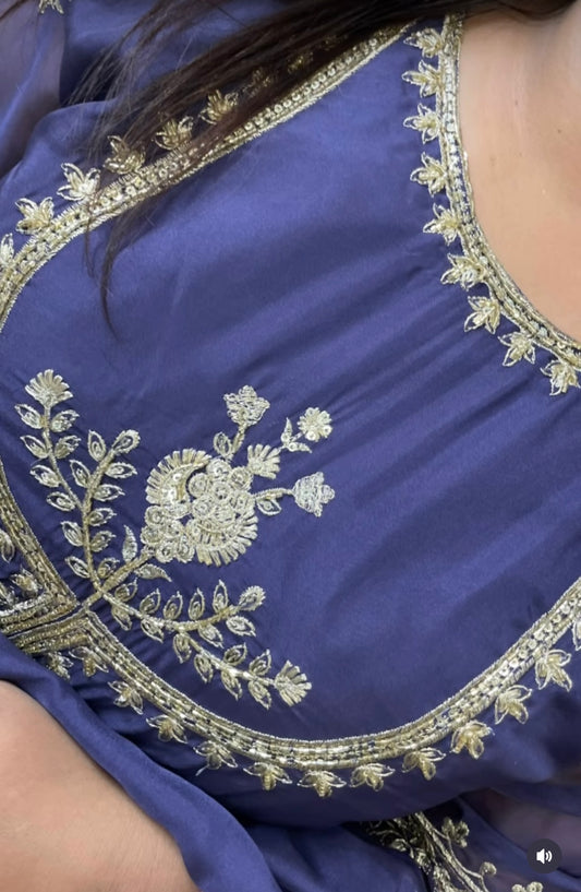 Purplish blue all over work anarkali gown with dupatta