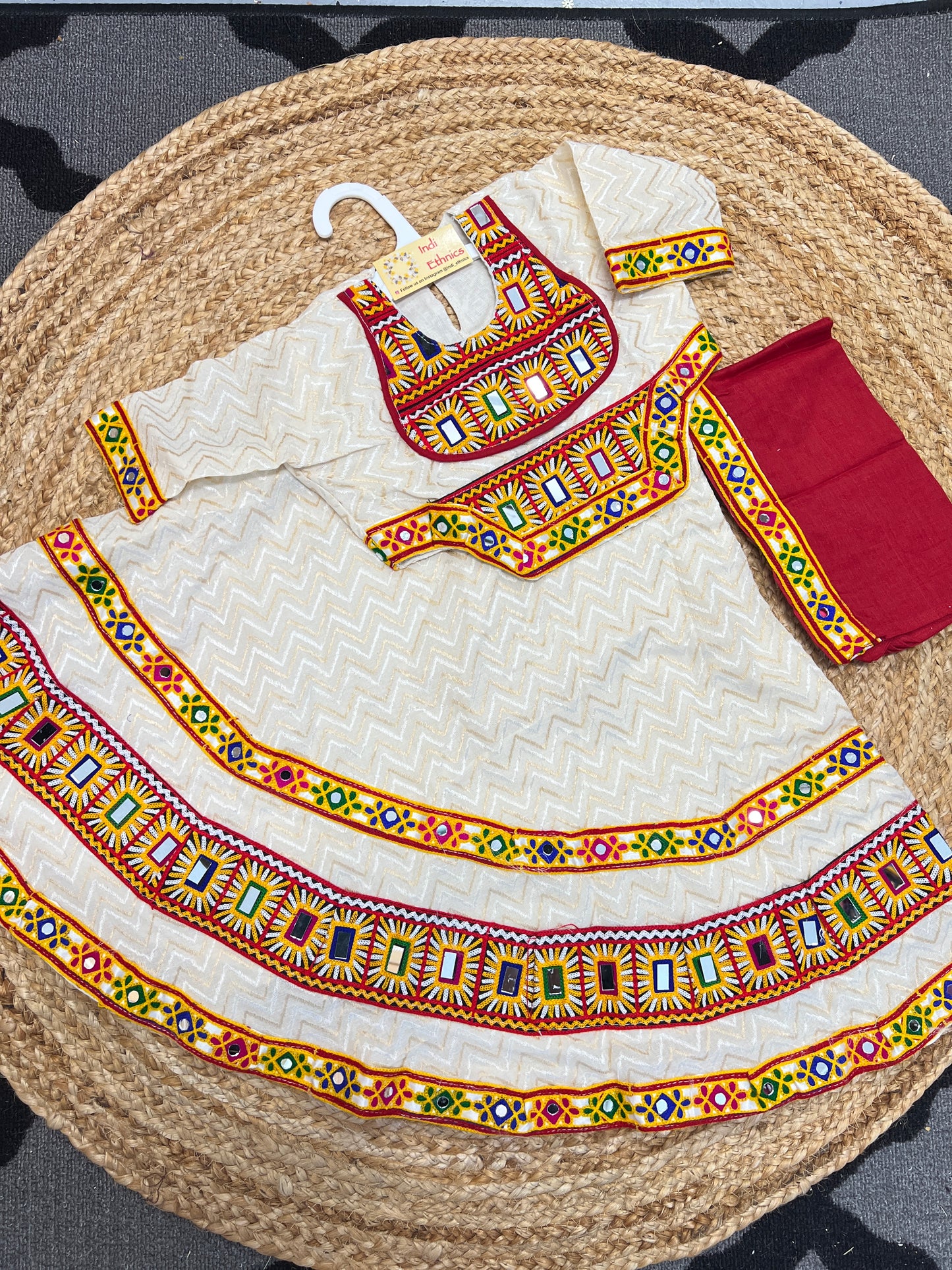 Off White and red real mirror work lehenga choli dupatta