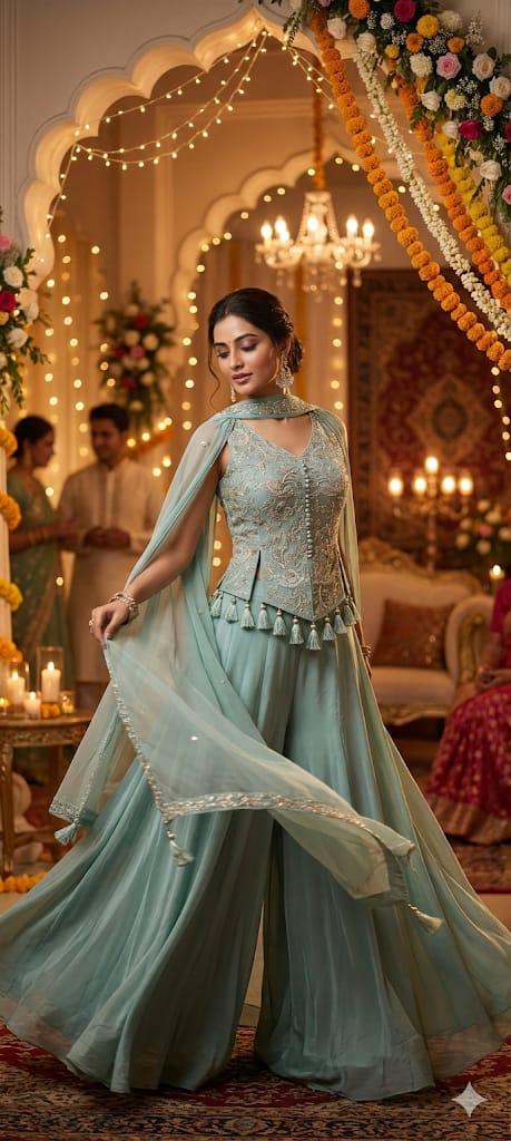 Sky blue corset style handwork indo western with chokar dupatta