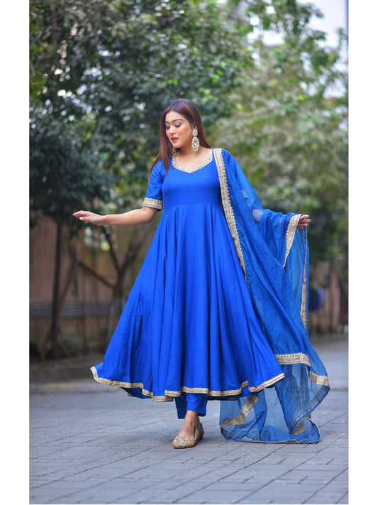 Royal blue elegant gota work rayon fit and flare anarkali kurta set