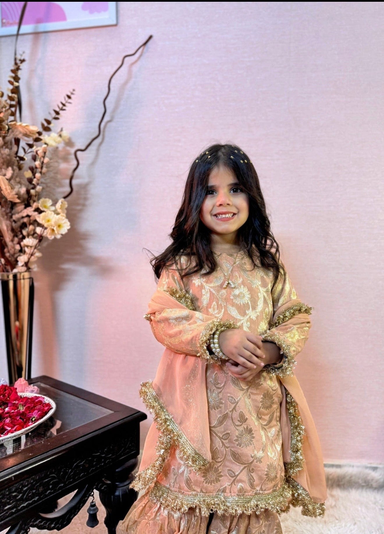 Girls Peach and gold 3 pc sharara suit