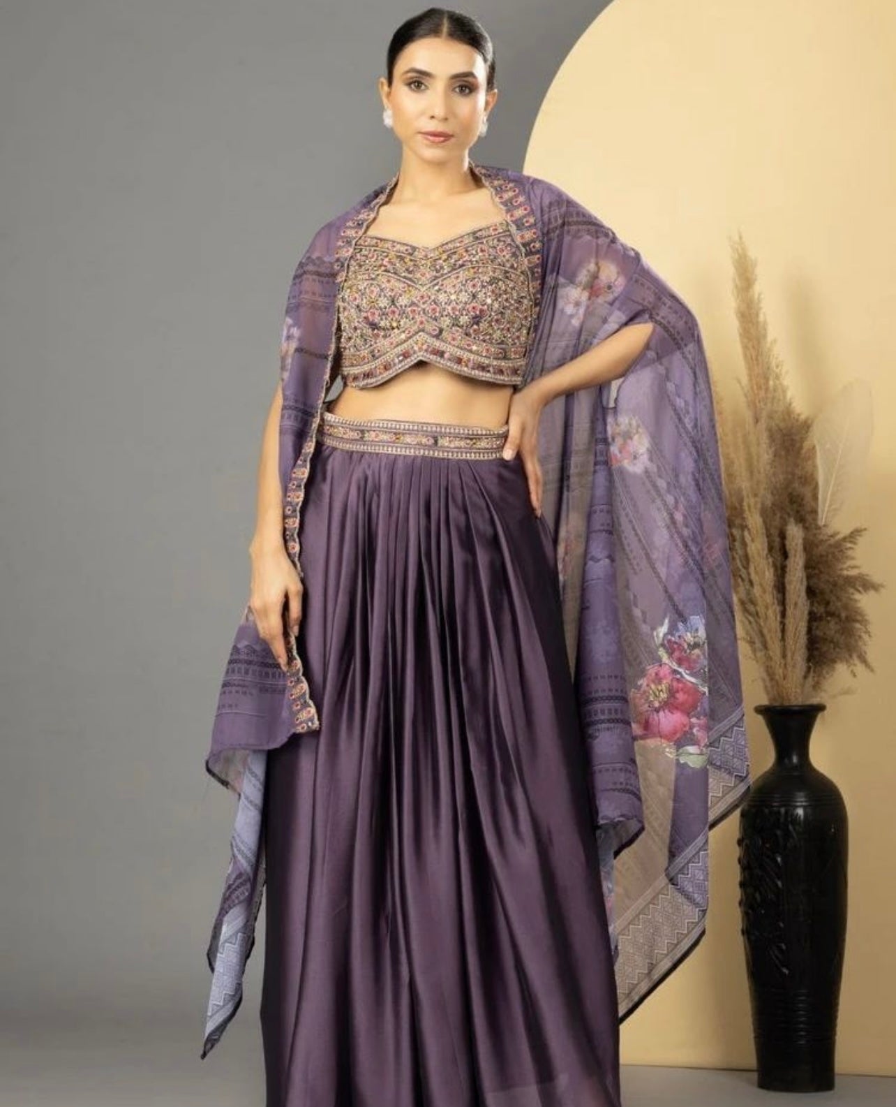 Lavender beautiful handwork indo western cape set