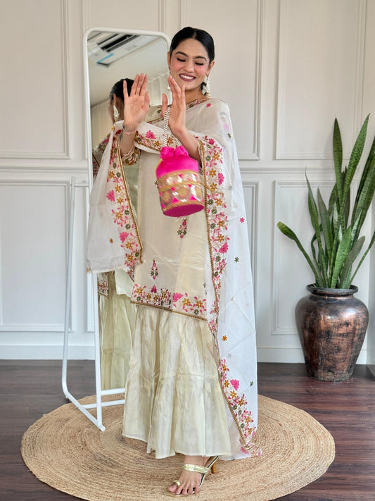 Off white tissue sharara set with heavy kashmiri work
