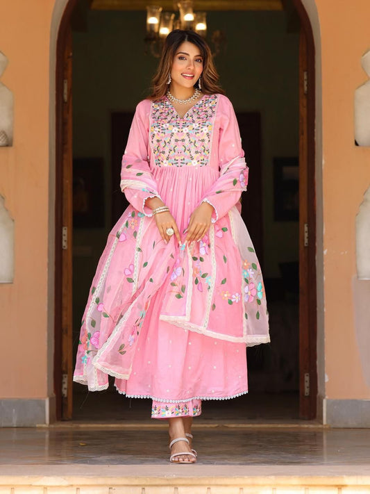 Pink beautiful embroidered suit with hand painted dupatta