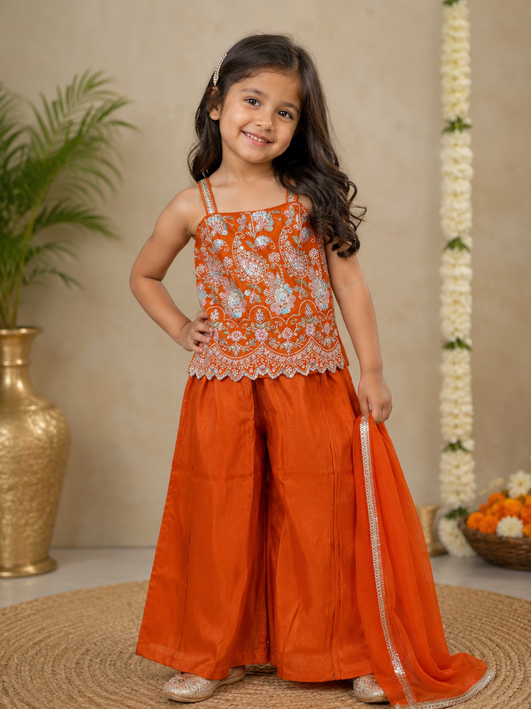 Kids girls burnt orange handwork short top palazzo dupatta