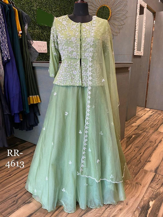 Light Green hevay handwork short top skirt and dupatta set