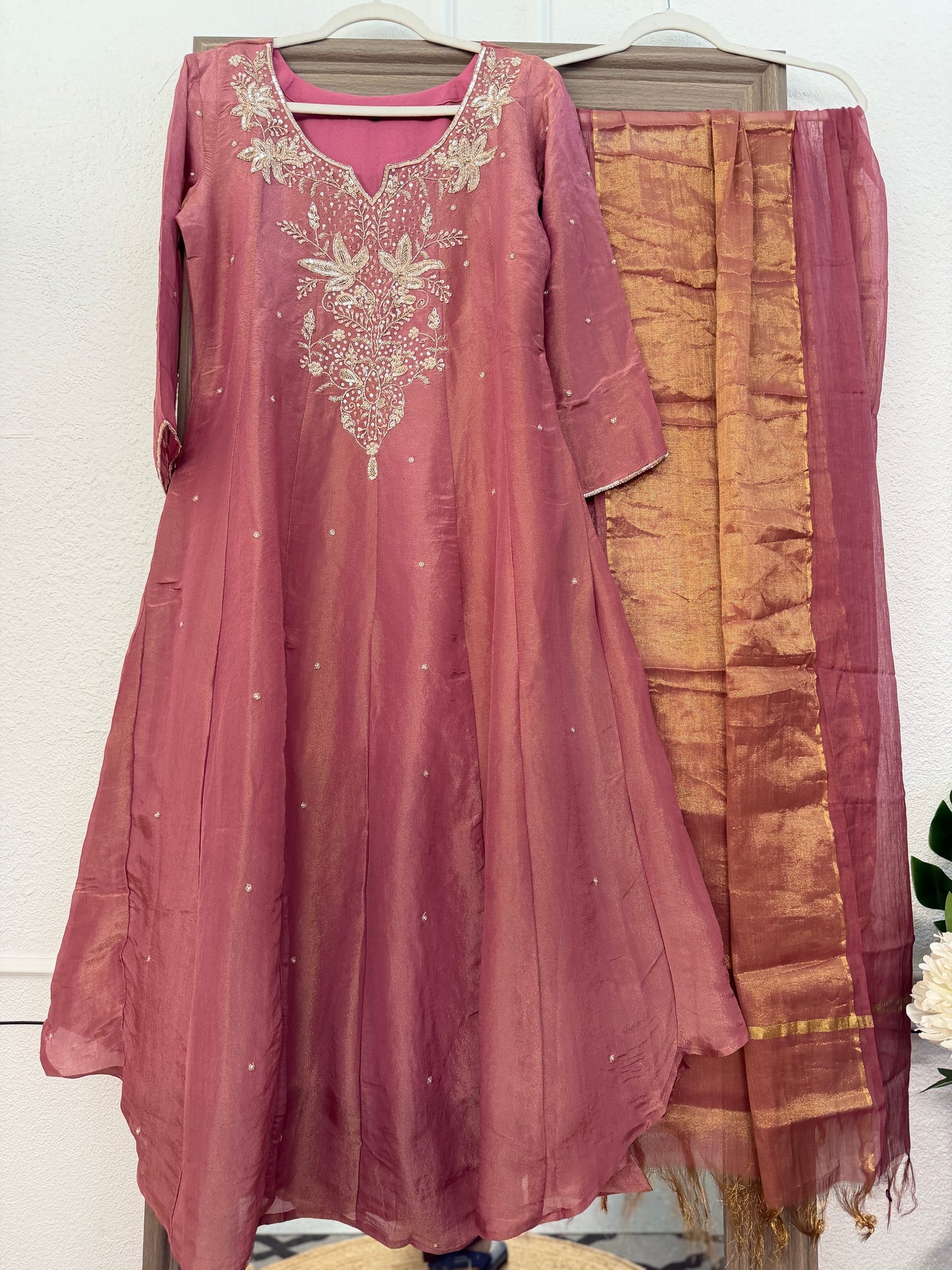 Pink super elegant handwork tissue anarkali kurta set