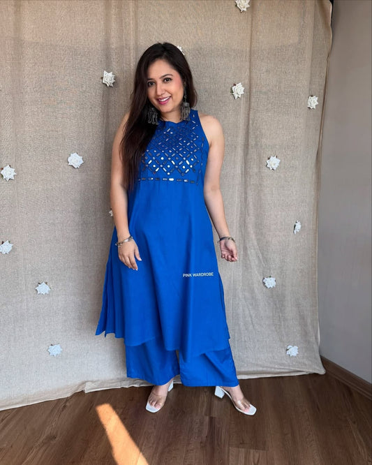 Blue foil mirror work sleeveless co-ord set