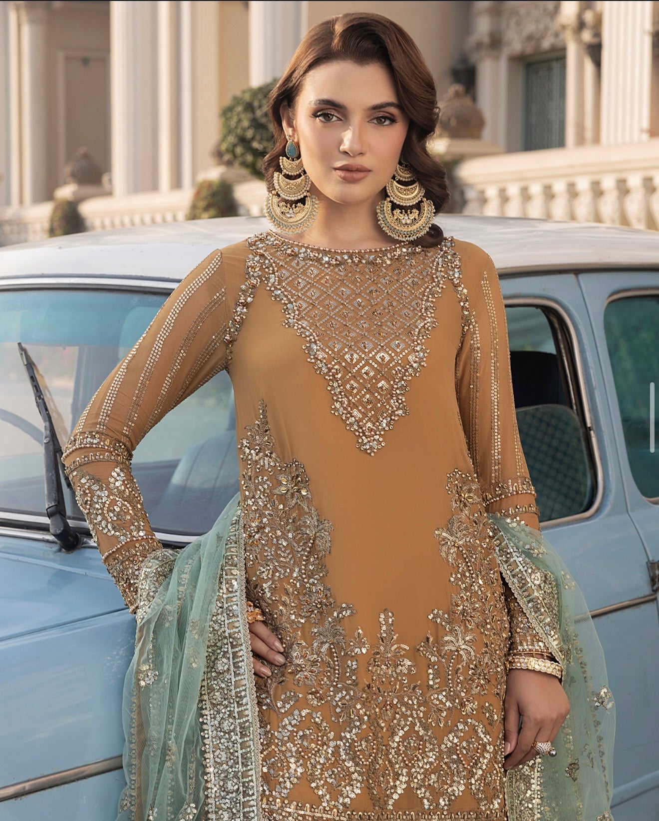 Gold heavy work party wear sharara suit