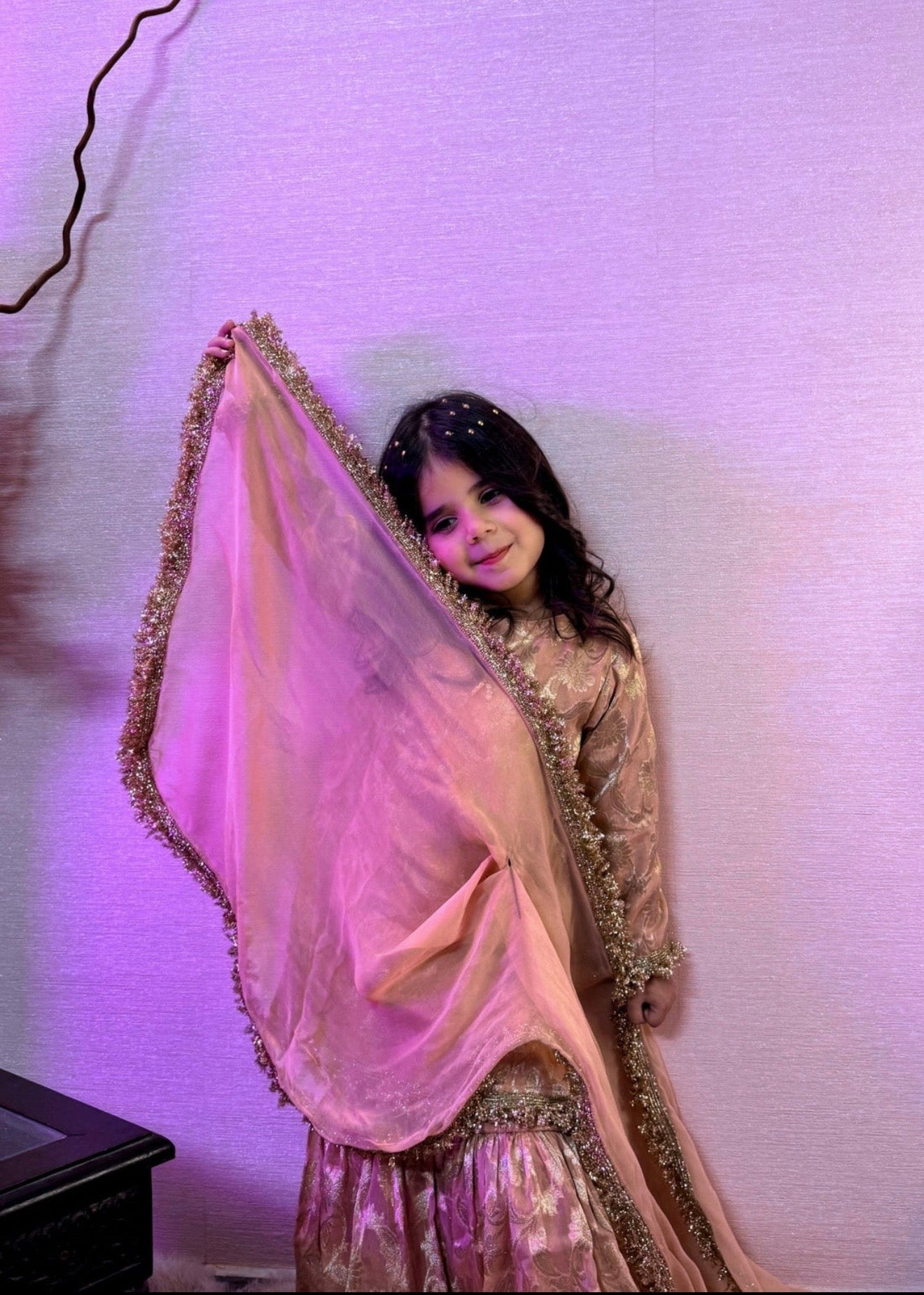 Girls Peach and gold 3 pc sharara suit