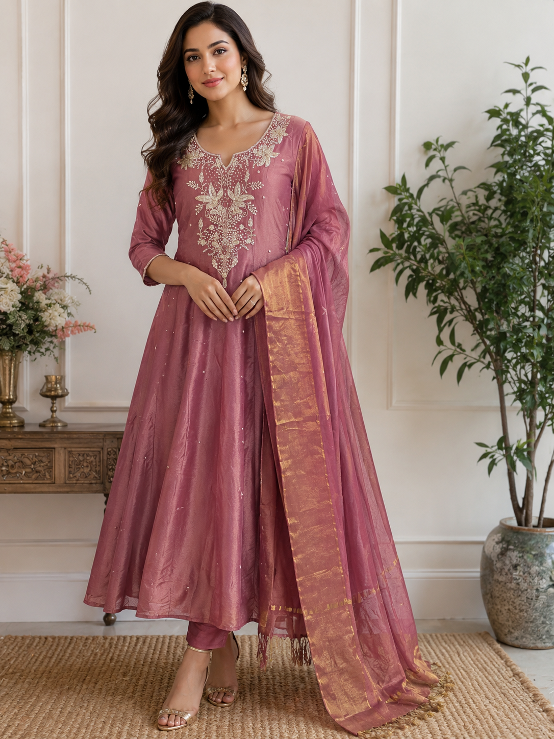 Pink super elegant handwork tissue anarkali kurta set